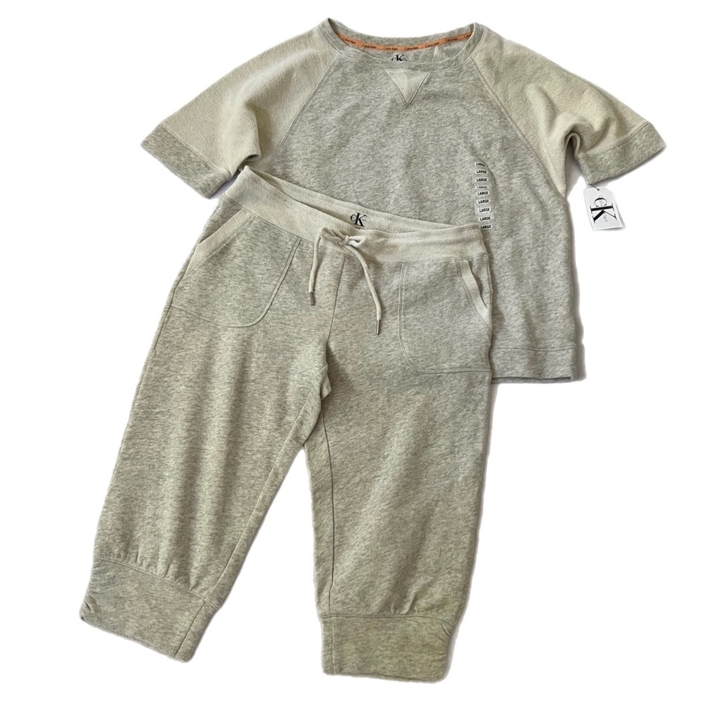 Calvin Klein Lounge Set Heather Grey Short Sleeve Sweatshirt Crop Joggers L